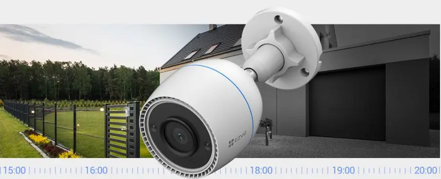 Cámara Ezviz H3C Full HD vigilando el jardín de una casa