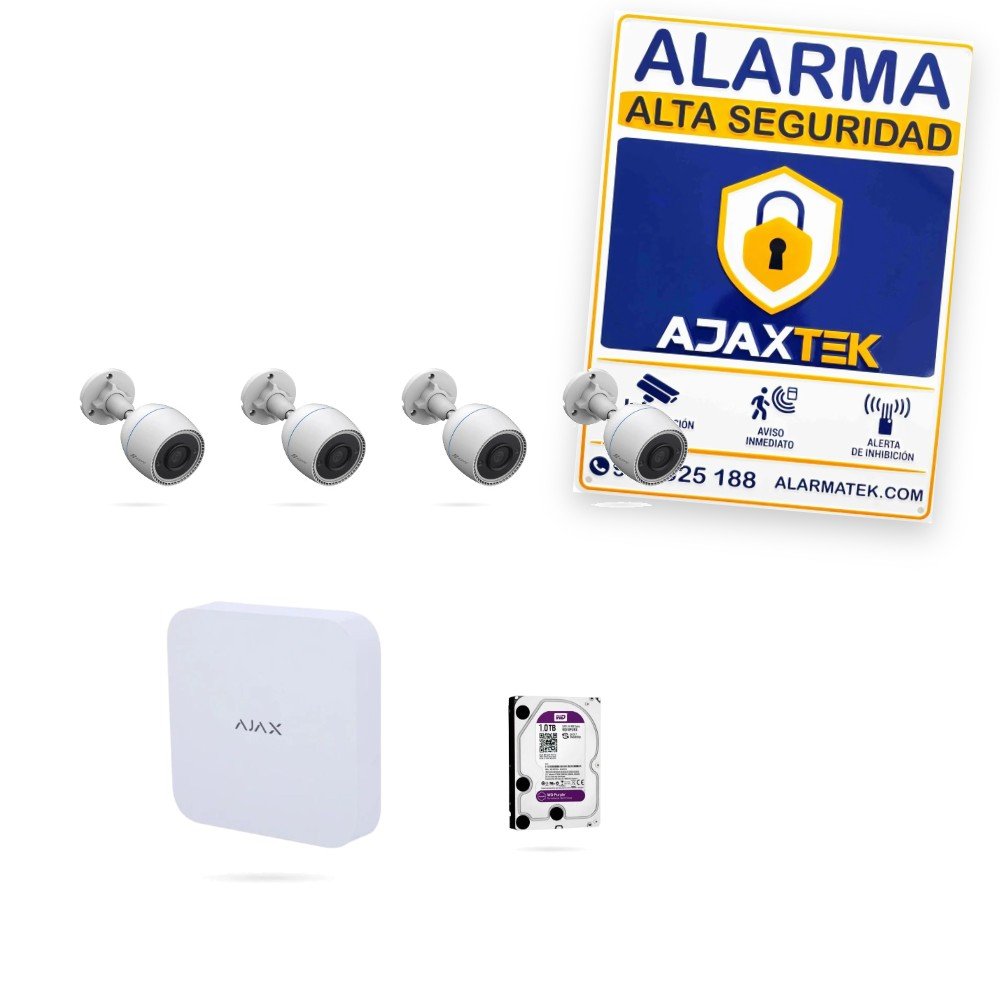 Kit de videovigilancia exterior con 4 cámaras WiFi Ezviz H3C Full HD, grabador Ajax NVR y disco duro de 1 TB con cartel disuasorio AjaxTek
