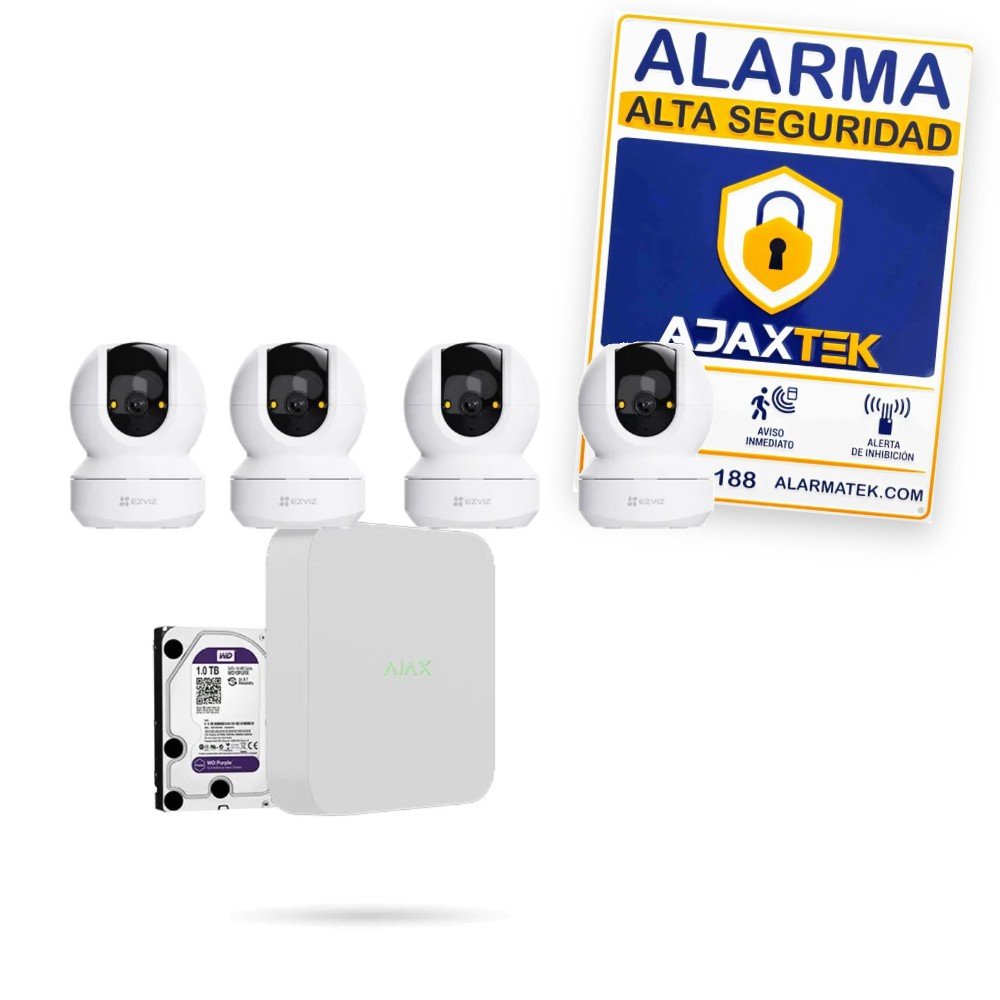 Kit de videovigilancia interior con 4 cámaras WiFi motorizadas Ezviz TY1 G1 2K, grabador Ajax NVR y disco duro de 1 TB con cartel disuasorio AjaxTek